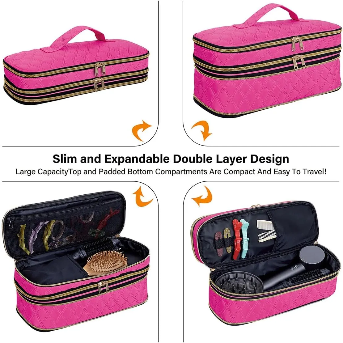 Hair Dryer Travel Carrying Case, Curling Iron Storage Bag, Slim Expandable Handheld Dual-Layer Travel Storage Bag for Dryer/Hair Tool Organizer/Style Organizer