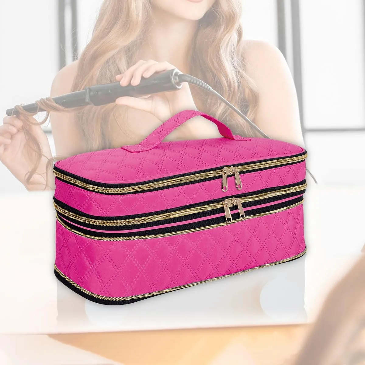 Hair Dryer Travel Carrying Case, Curling Iron Storage Bag, Slim Expandable Handheld Dual-Layer Travel Storage Bag for Dryer/Hair Tool Organizer/Style Organizer