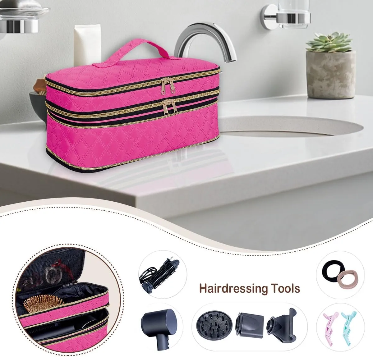 Hair Dryer Travel Carrying Case, Curling Iron Storage Bag, Slim Expandable Handheld Dual-Layer Travel Storage Bag for Dryer/Hair Tool Organizer/Style Organizer