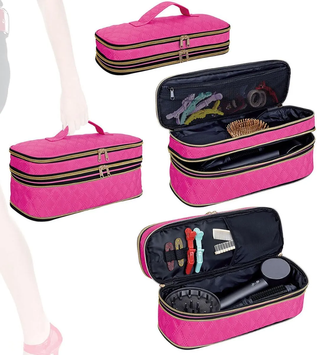 Hair Dryer Travel Carrying Case, Curling Iron Storage Bag, Slim Expandable Handheld Dual-Layer Travel Storage Bag for Dryer/Hair Tool Organizer/Style Organizer