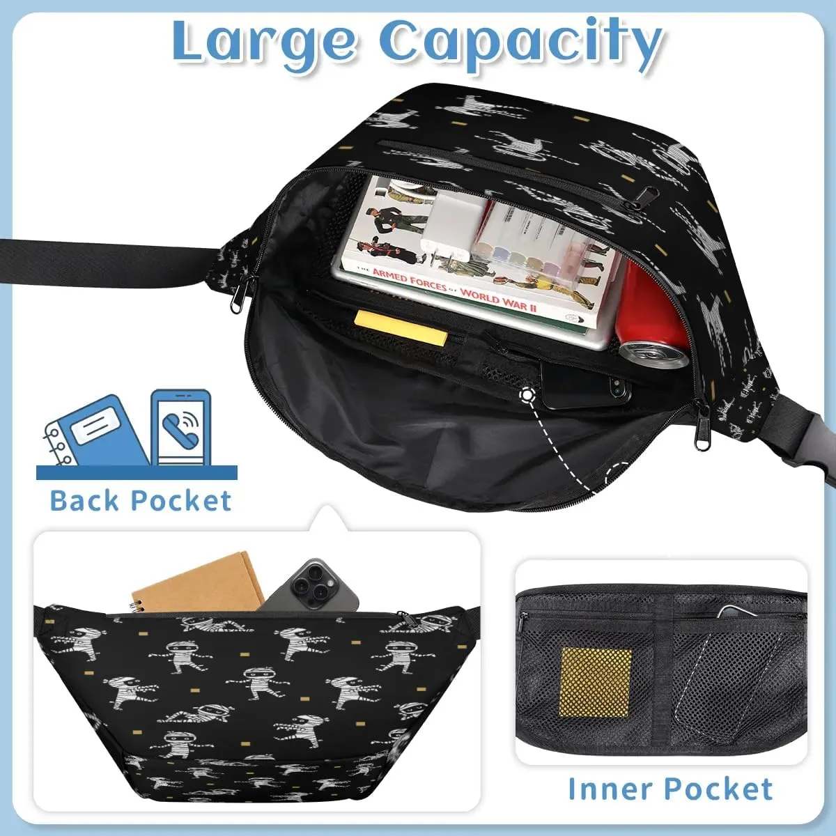 Halloween Mummy Crossbody Sling Bag for Women Men Crossbody Backpack with 4 Zipper Pockets Fanny Pack Shoulder Casual Daypack for Travel Running Hiking Cycling