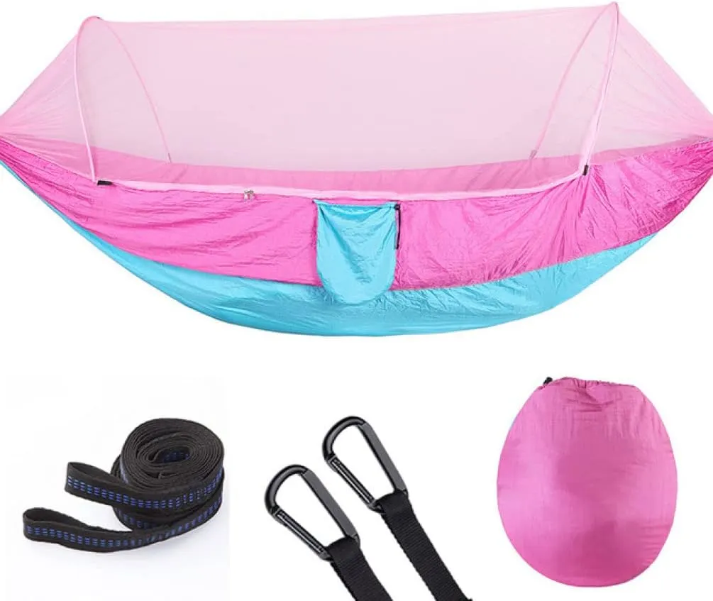 Hammocks Single Or Double Portable Camping Hammock with Mosquito Net Parachute Nylon Fabric Hanging Bed Outdoor Sleeping Garden Hammock Outdoor Hammock