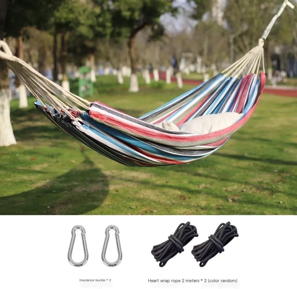 Hamock Outdoor Hammock Woven Tassel Thick Canvas Straight Stick Anti-Rollover Leisure Camping Single Double Swing Hanmock(Blue,A)