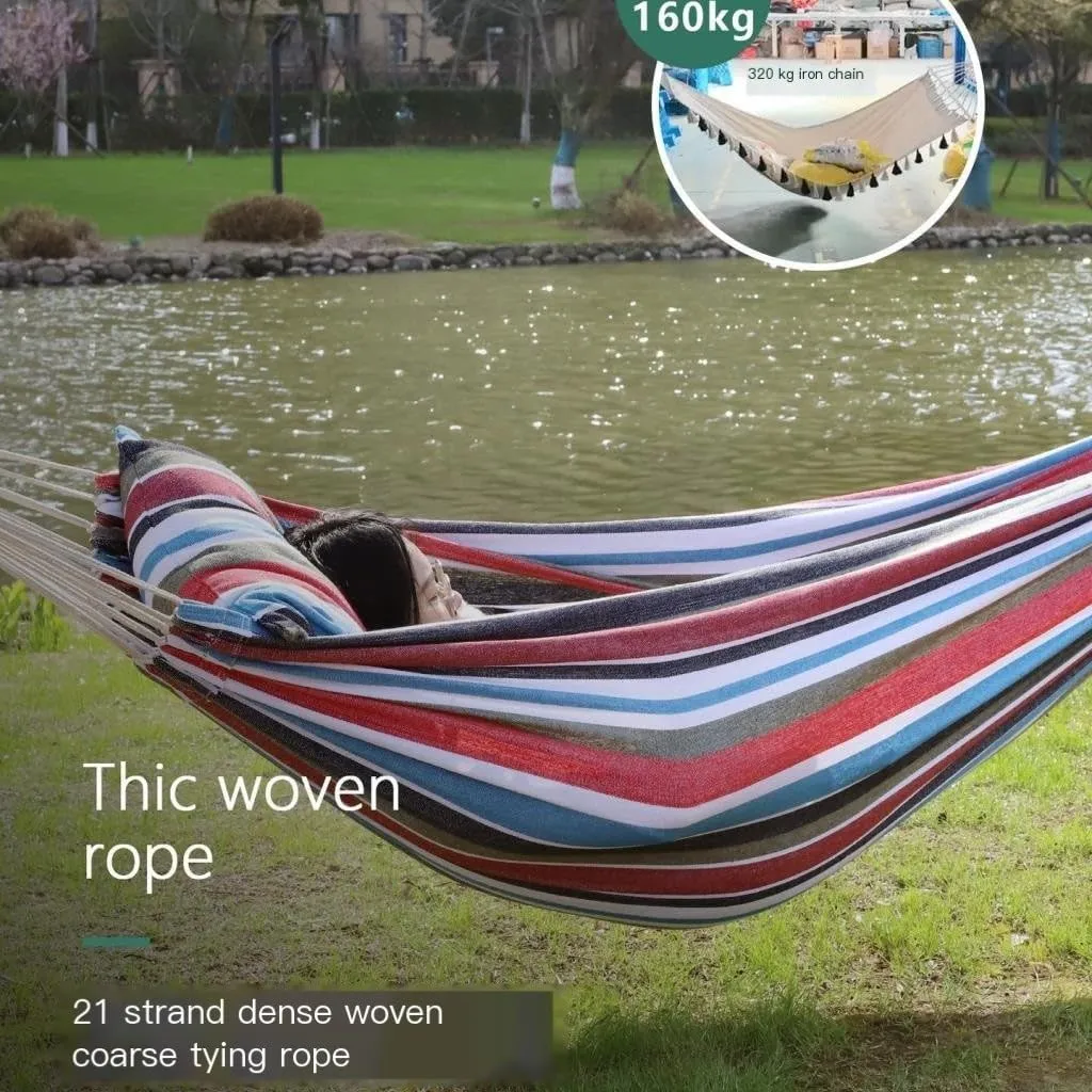 Hamock Outdoor Hammock Woven Tassel Thick Canvas Straight Stick Anti-Rollover Leisure Camping Single Double Swing Hanmock(Blue,A)