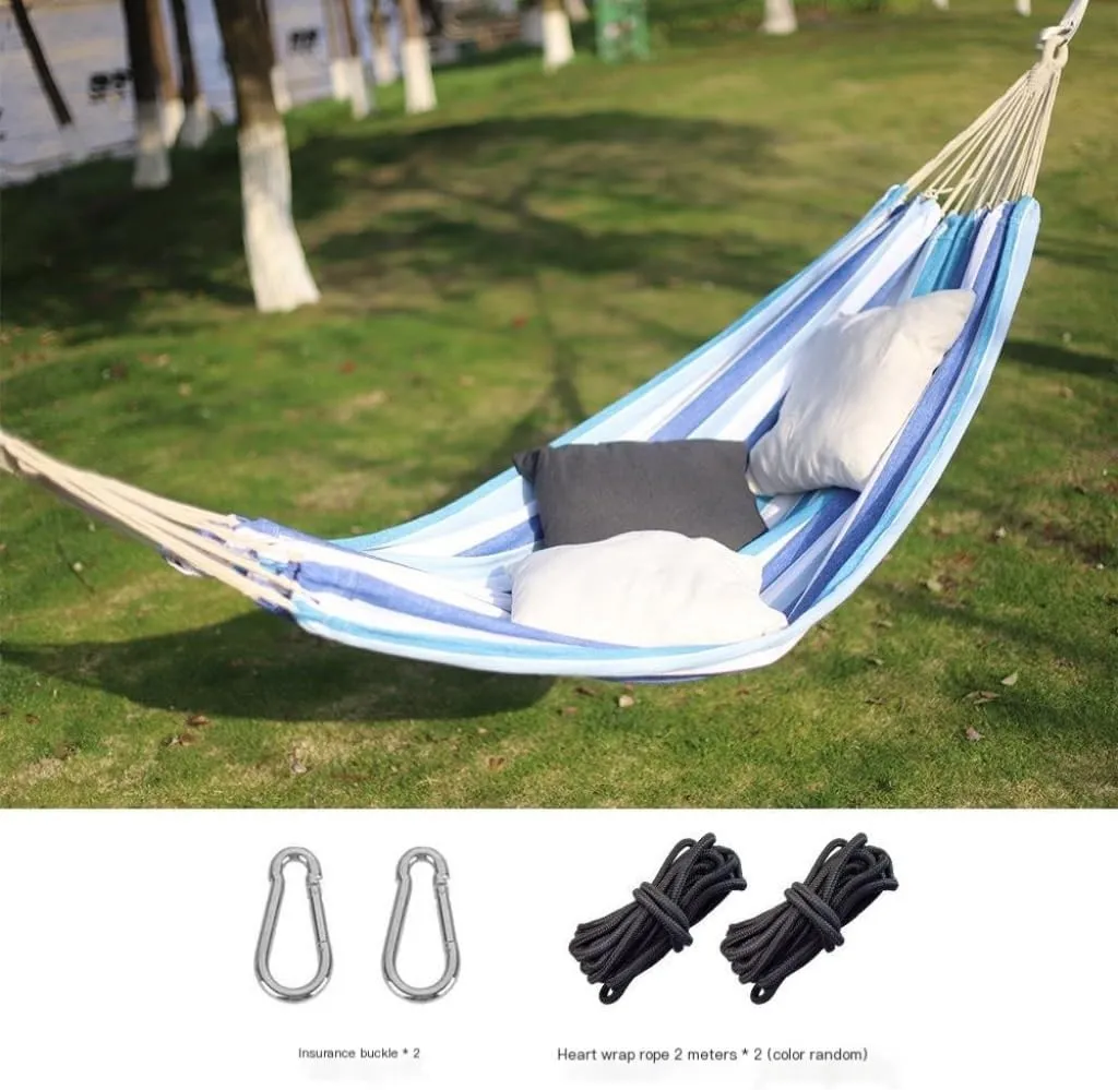 Hamock Outdoor Hammock Woven Tassel Thick Canvas Straight Stick Anti-Rollover Leisure Camping Single Double Swing Hanmock(Blue,A)