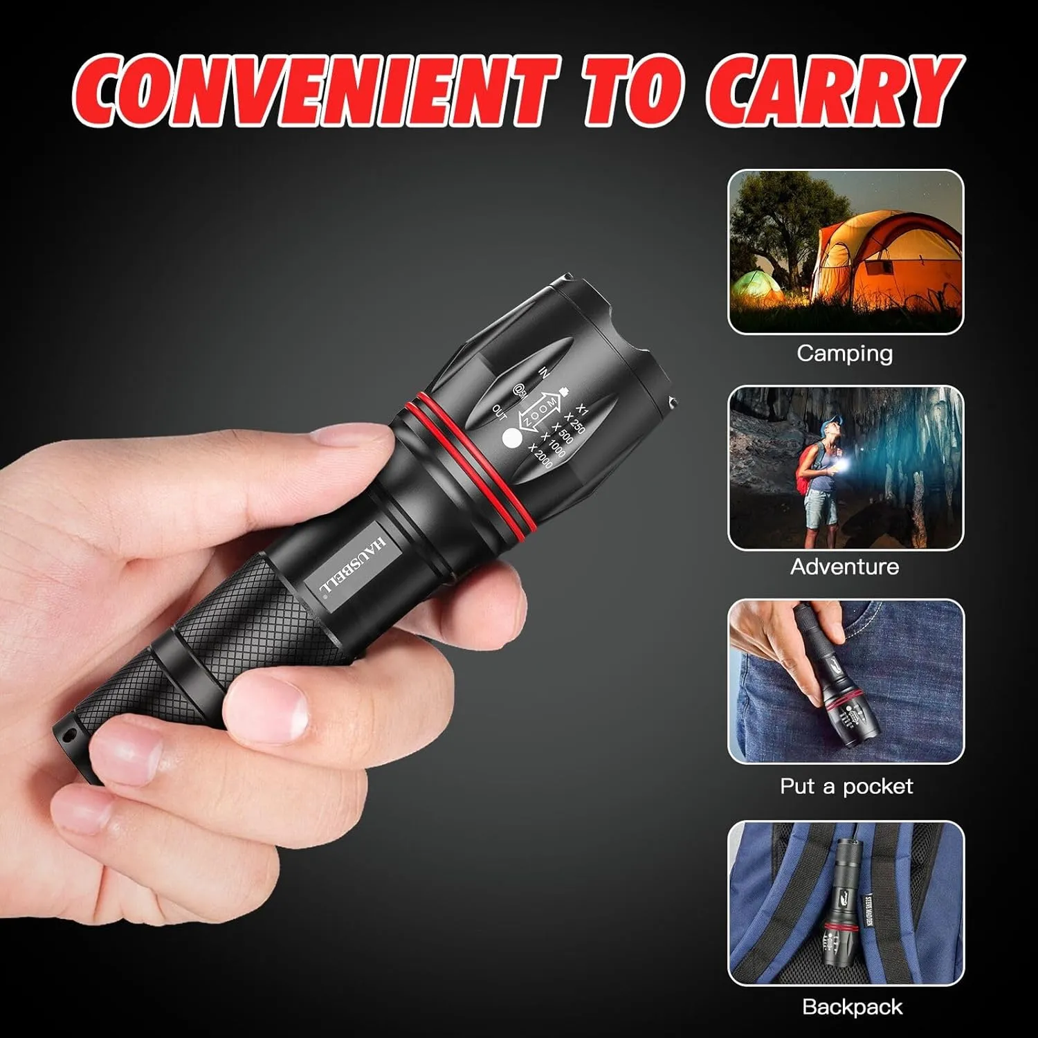 HAUSBELL LED A100 Flashlight Bright, Zoomable Tactical Flashlights Flash Light with High Lumens and Five Modes for Emergency and Outdoor Use Camping Accessories, 4 Pack