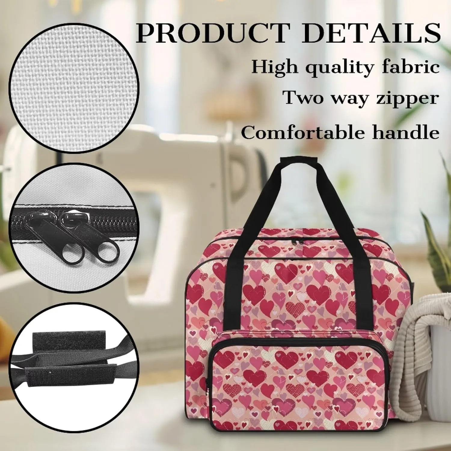 Hearts Sewing Machine Handbag Suitcase Travel Storage Bag Sewing Machine Carrying Case with Pockets, Portable Sewing Case for Outdoor Traveling Camping Use