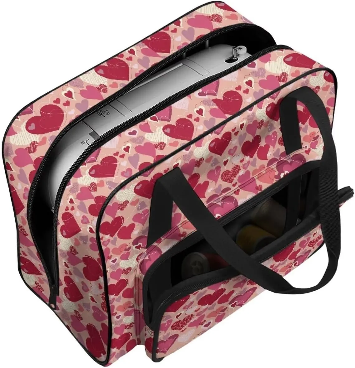 Hearts Sewing Machine Handbag Suitcase Travel Storage Bag Sewing Machine Carrying Case with Pockets, Portable Sewing Case for Outdoor Traveling Camping Use