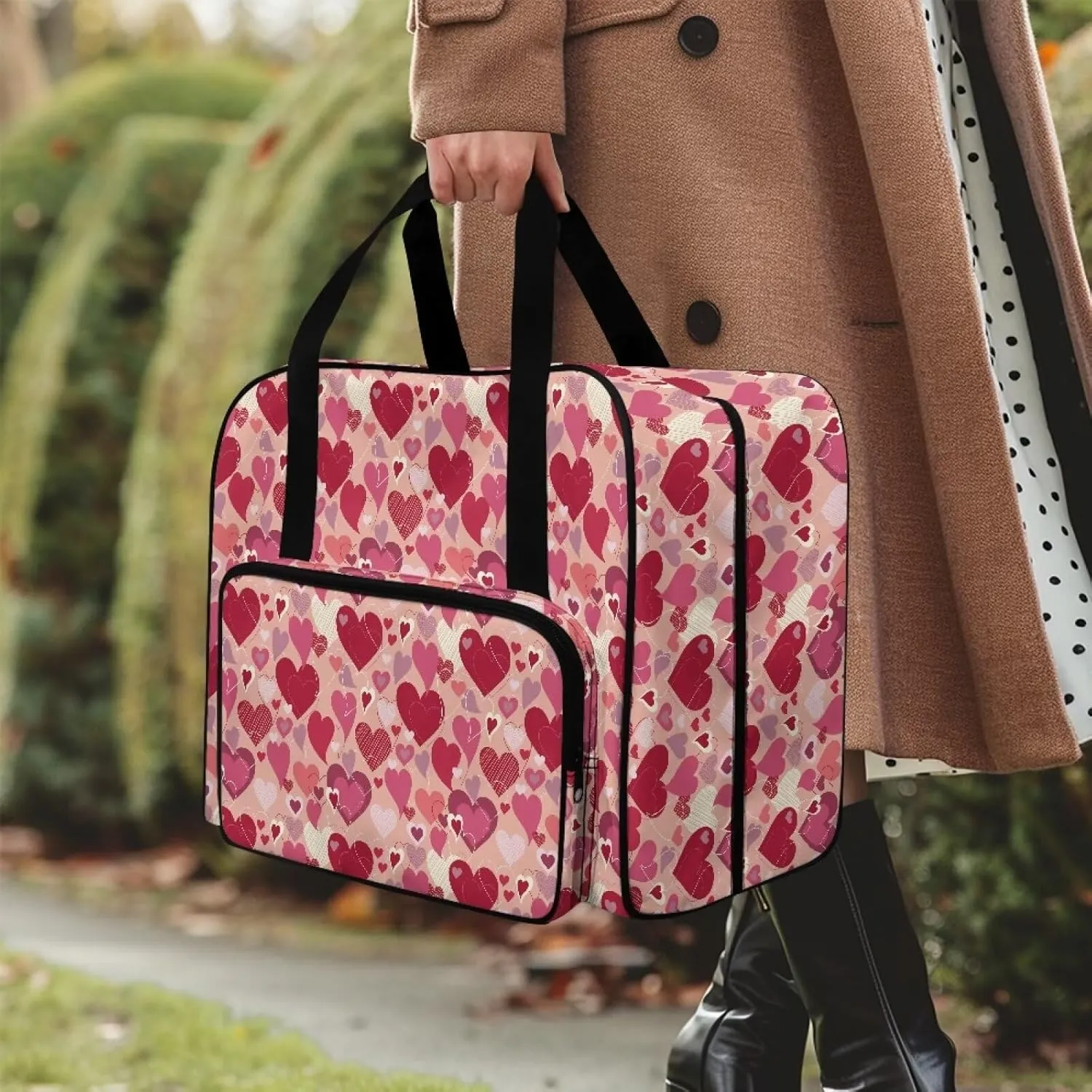 Hearts Sewing Machine Handbag Suitcase Travel Storage Bag Sewing Machine Carrying Case with Pockets, Portable Sewing Case for Outdoor Traveling Camping Use