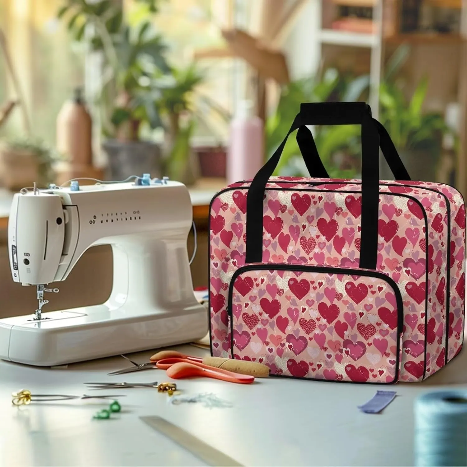 Hearts Sewing Machine Handbag Suitcase Travel Storage Bag Sewing Machine Carrying Case with Pockets, Portable Sewing Case for Outdoor Traveling Camping Use