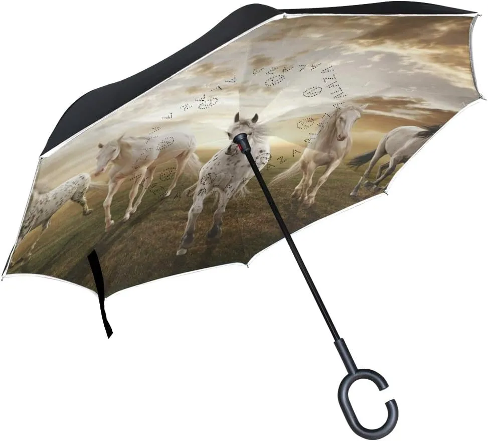 hengpai Sunset Field Horses Reverse Inverted Inside Out Umbrella Cars Unigue Windproof UV Proof Double Layer for Women