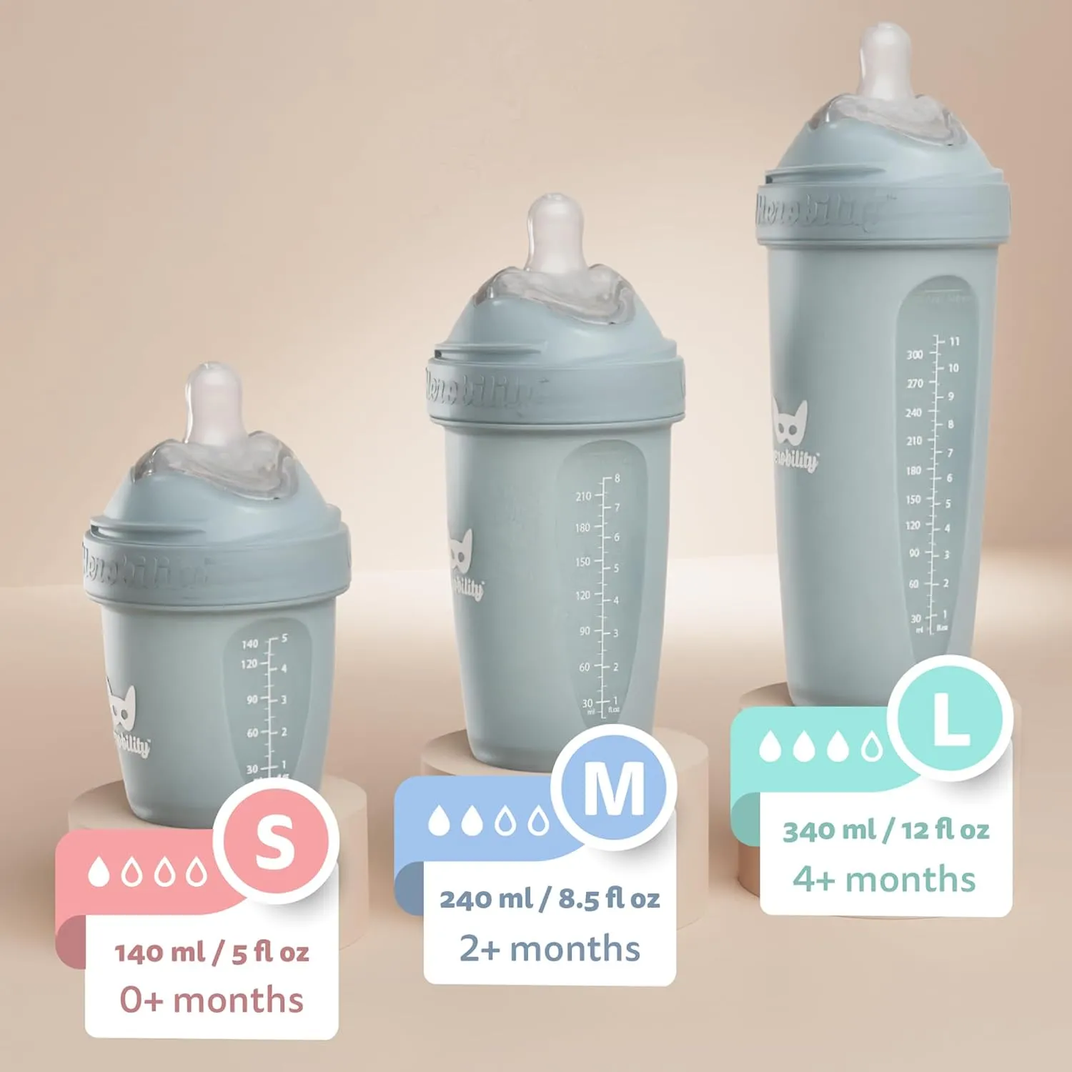 Herobility Double Anti-Colic Baby Bottles – 12 fl oz/340ml – 3-Pack – Dark Green