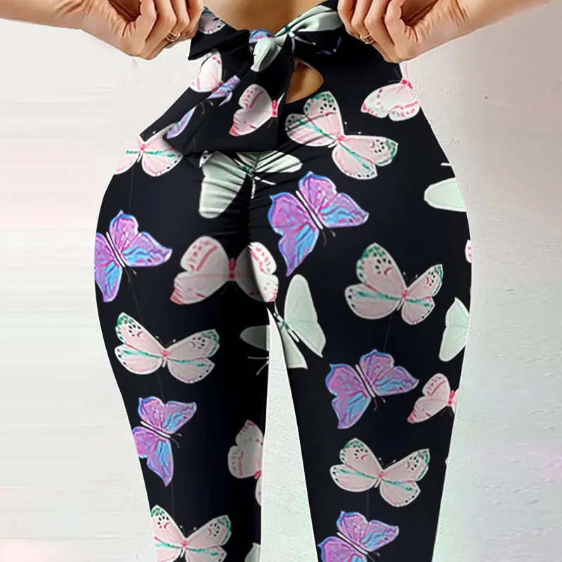 high elasticity sweat absorbent digital printing bow knot rope pants leggings high waist slim yoga pant women