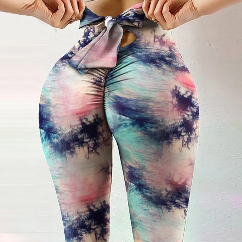 high elasticity sweat absorbent digital printing bow knot rope pants leggings high waist slim yoga pant women