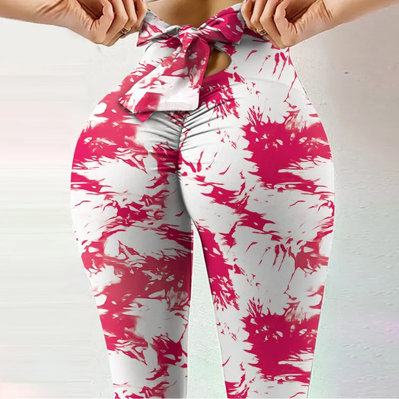 high elasticity sweat absorbent digital printing bow knot rope pants leggings high waist slim yoga pant women