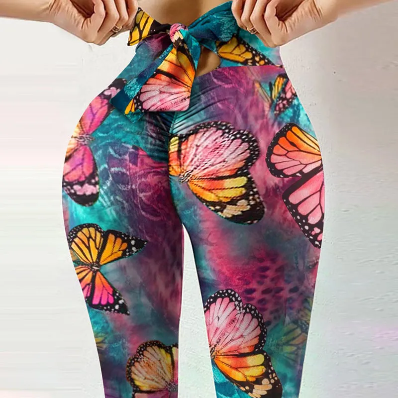 high elasticity sweat absorbent digital printing bow knot rope pants leggings high waist slim yoga pant women