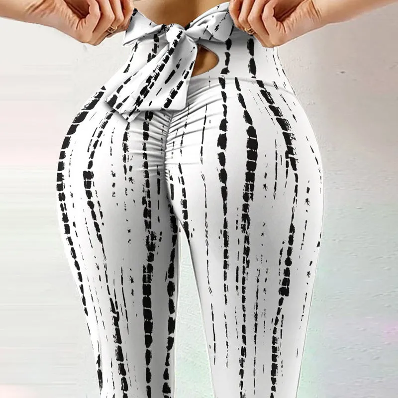high elasticity sweat absorbent digital printing bow knot rope pants leggings high waist slim yoga pant women