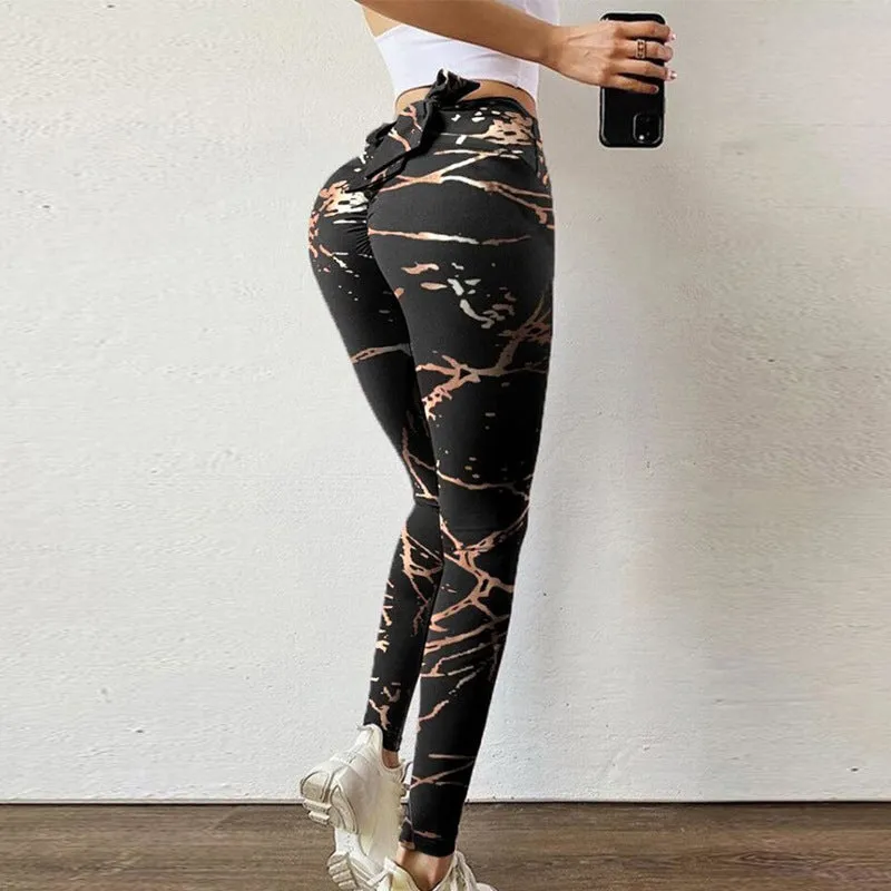 high elasticity sweat absorbent digital printing bow knot rope pants leggings high waist slim yoga pant women