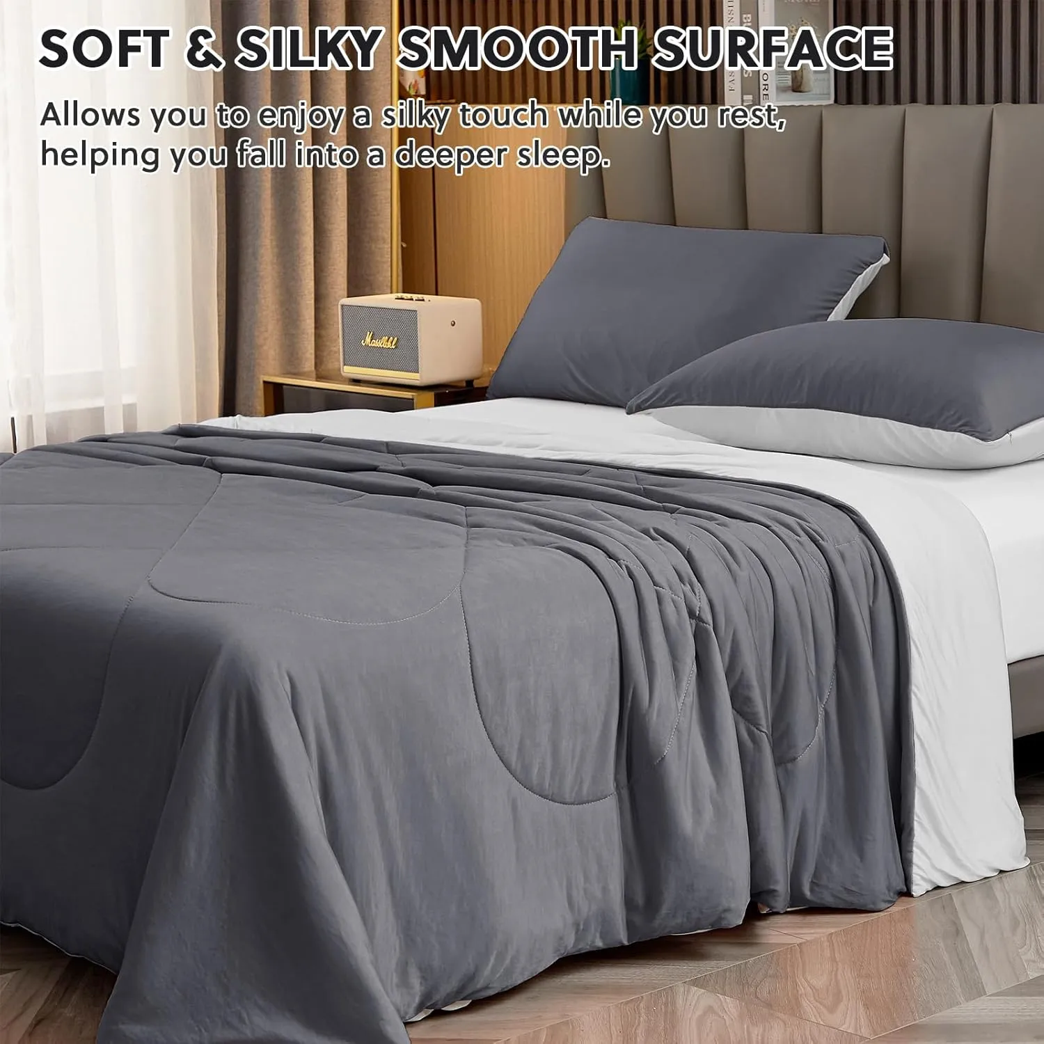 HOMFINE Cooling Comforter King Size, Grey Summer Cooling Blanket for Hot Sleepers and Night Sweats, Japanese Double-Sided Cold Tech Fabric Q-Max 0.45, Soft Breathable Silky Smooth Lightweight