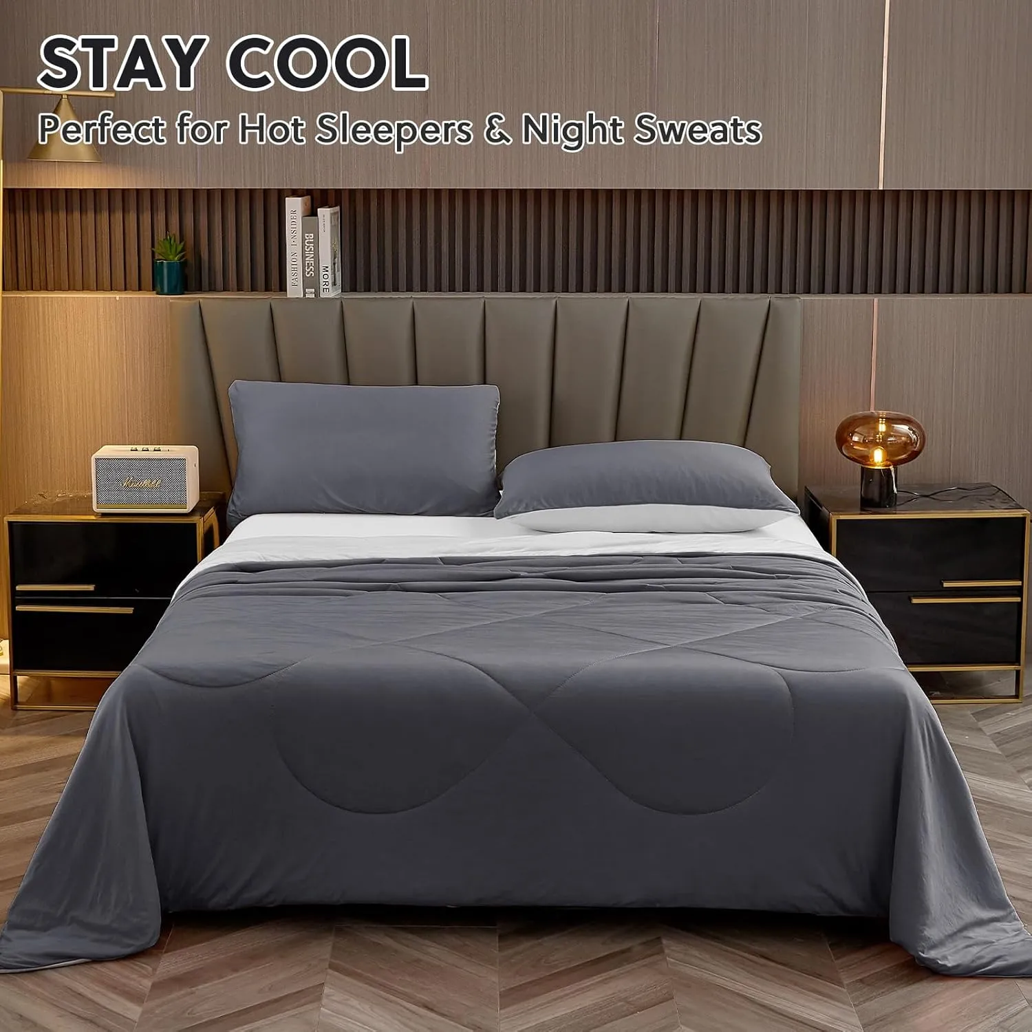 HOMFINE Cooling Comforter King Size, Grey Summer Cooling Blanket for Hot Sleepers and Night Sweats, Japanese Double-Sided Cold Tech Fabric Q-Max 0.45, Soft Breathable Silky Smooth Lightweight