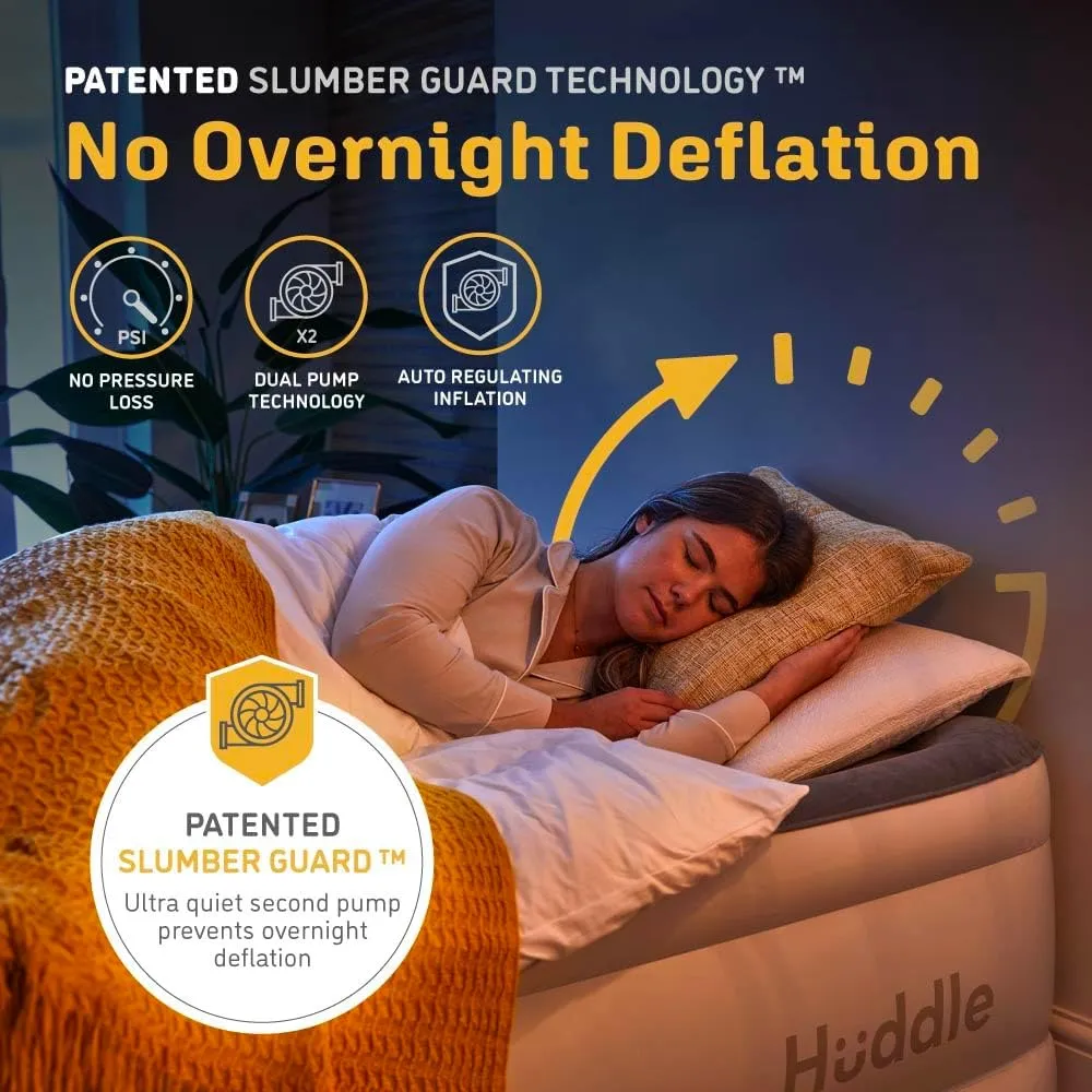 Huddle® Luxury Never Deflate Twin Air Bed with Patented Dual Pump SlumberGuard™ Premium Technology | Inflatable Mattress with Built-in Pump | Comfortable Inflatable Mattres