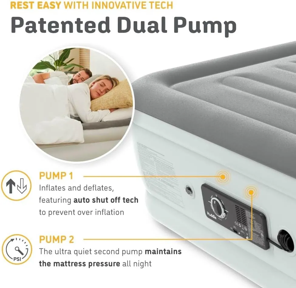 Huddle® Luxury Never Deflate Twin Air Bed with Patented Dual Pump SlumberGuard™ Premium Technology | Inflatable Mattress with Built-in Pump | Comfortable Inflatable Mattres