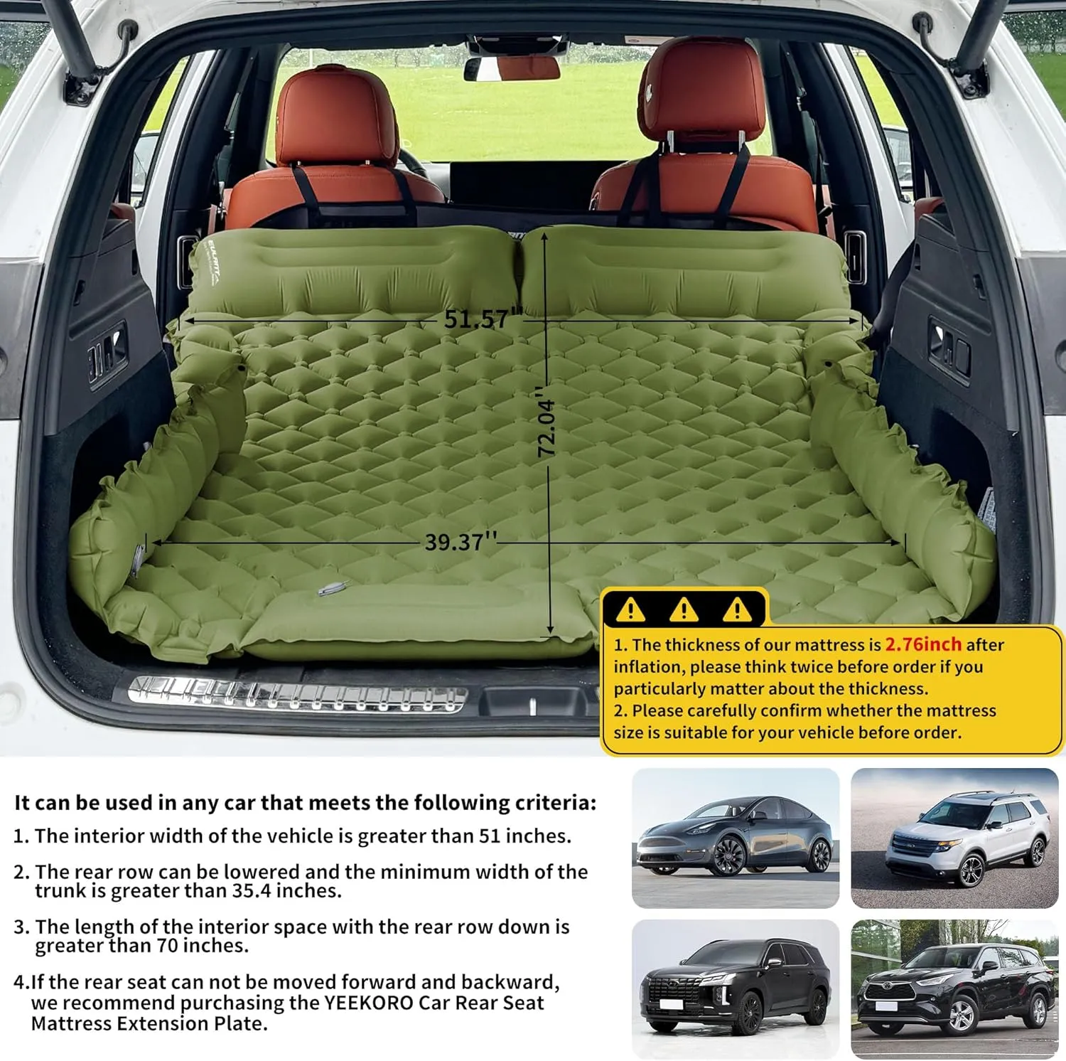 Inflatable Car Air Mattress, SUV Air Mattress for Travel Camping, Ultralight Camping Bed with Pillow and Built-in Foot Pump, Portable Sleeping Pad for SUV -Green