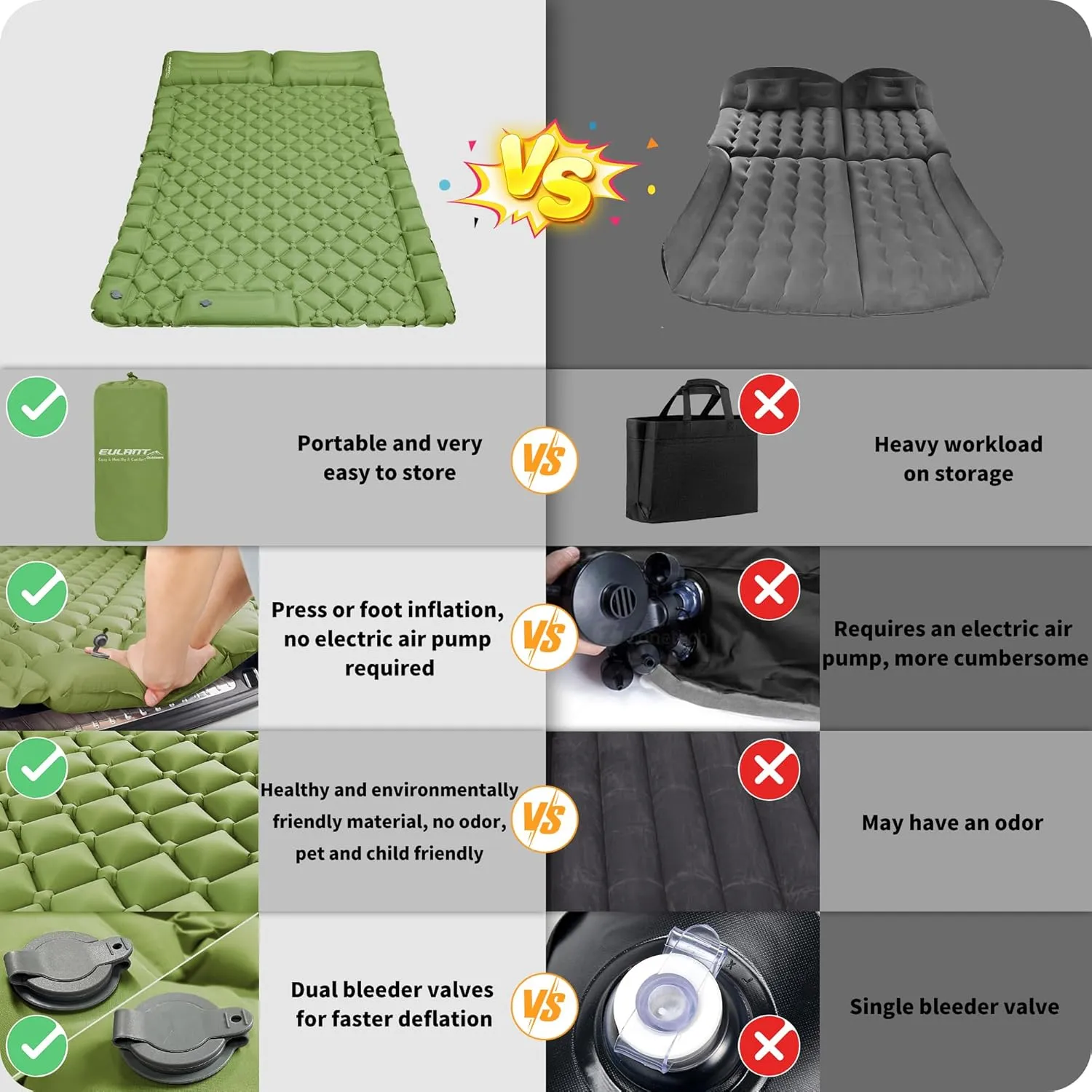Inflatable Car Air Mattress, SUV Air Mattress for Travel Camping, Ultralight Camping Bed with Pillow and Built-in Foot Pump, Portable Sleeping Pad for SUV -Green