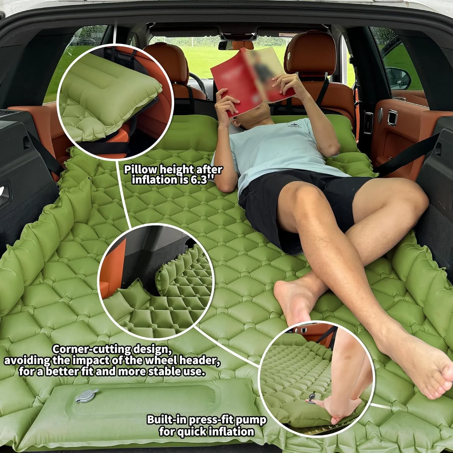 Inflatable Car Air Mattress, SUV Air Mattress for Travel Camping, Ultralight Camping Bed with Pillow and Built-in Foot Pump, Portable Sleeping Pad for SUV -Green