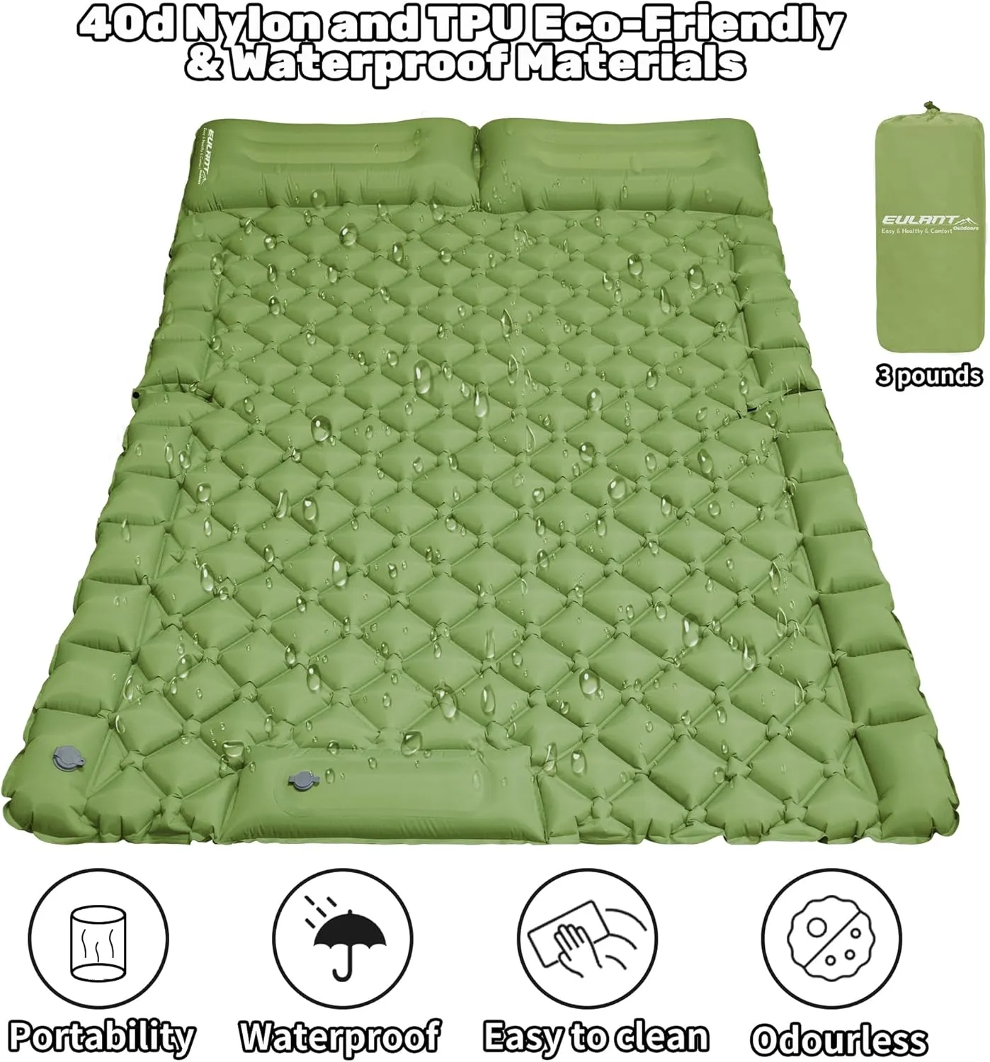 Inflatable Car Air Mattress, SUV Air Mattress for Travel Camping, Ultralight Camping Bed with Pillow and Built-in Foot Pump, Portable Sleeping Pad for SUV -Green