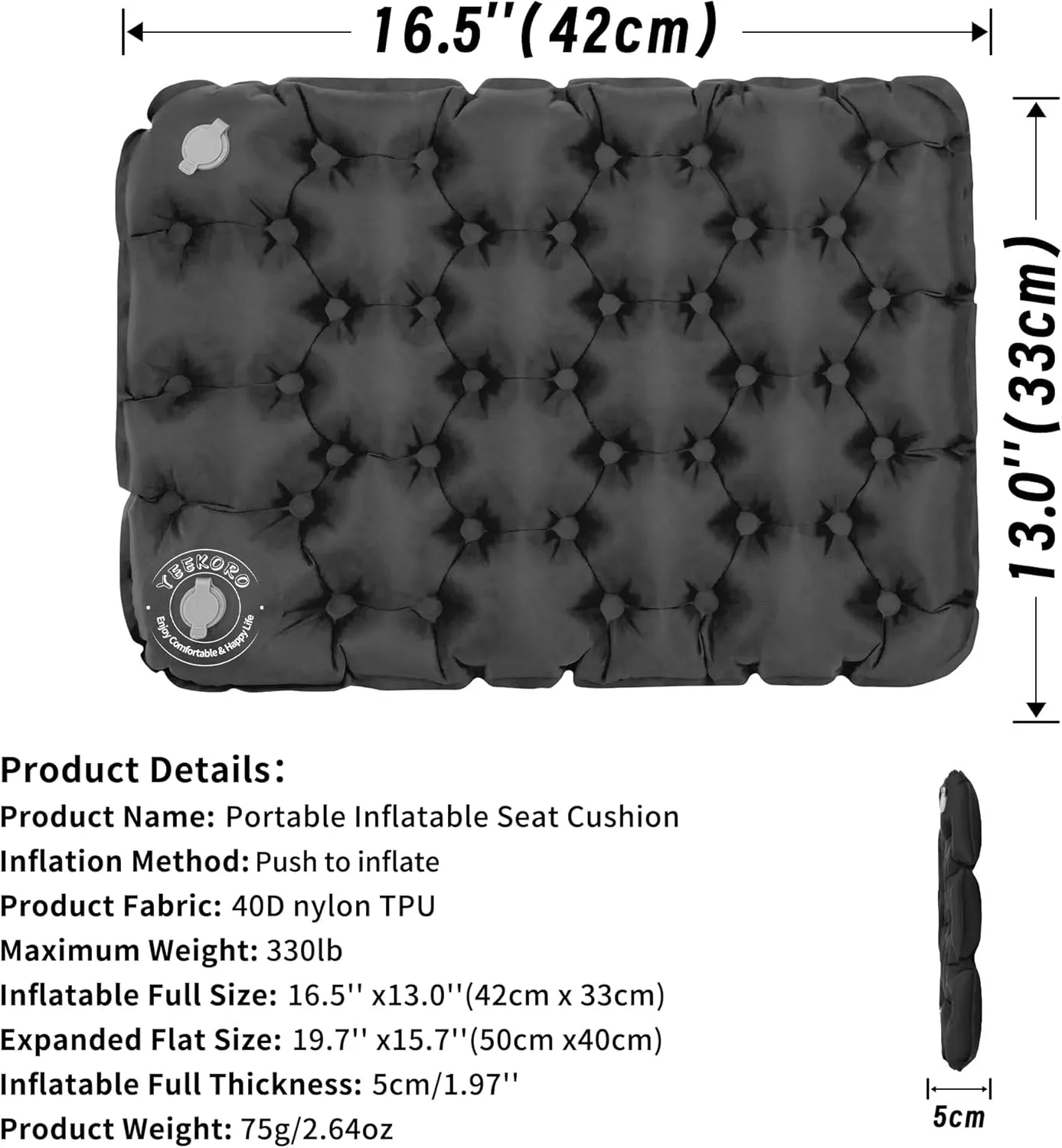 Inflatable Seat Cushion, Lightweight Camping Air Sitting Pad with Repair Cloths, Waterproof Air Seat Cushion, Portable Push-Press Seat Cushion for Airplane Travel Hiking Office Stadium Seat