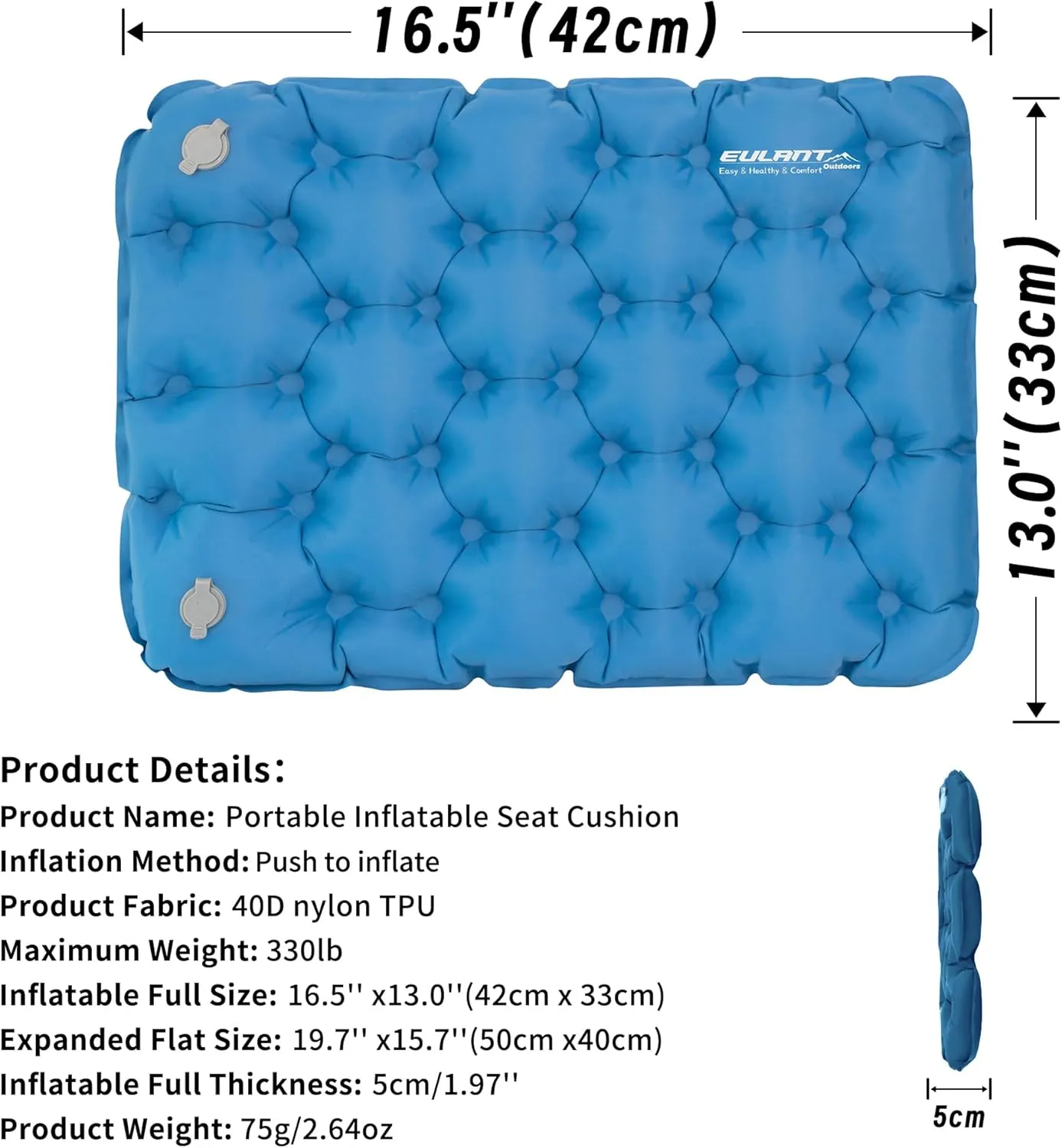 Inflatable Seat Cushion, Lightweight Camping Air Sitting Pad with Repair Cloths, Waterproof Air Seat Cushion, Portable Push-Press Seat Cushion for Airplane Travel Hiking Office Stadium Seat