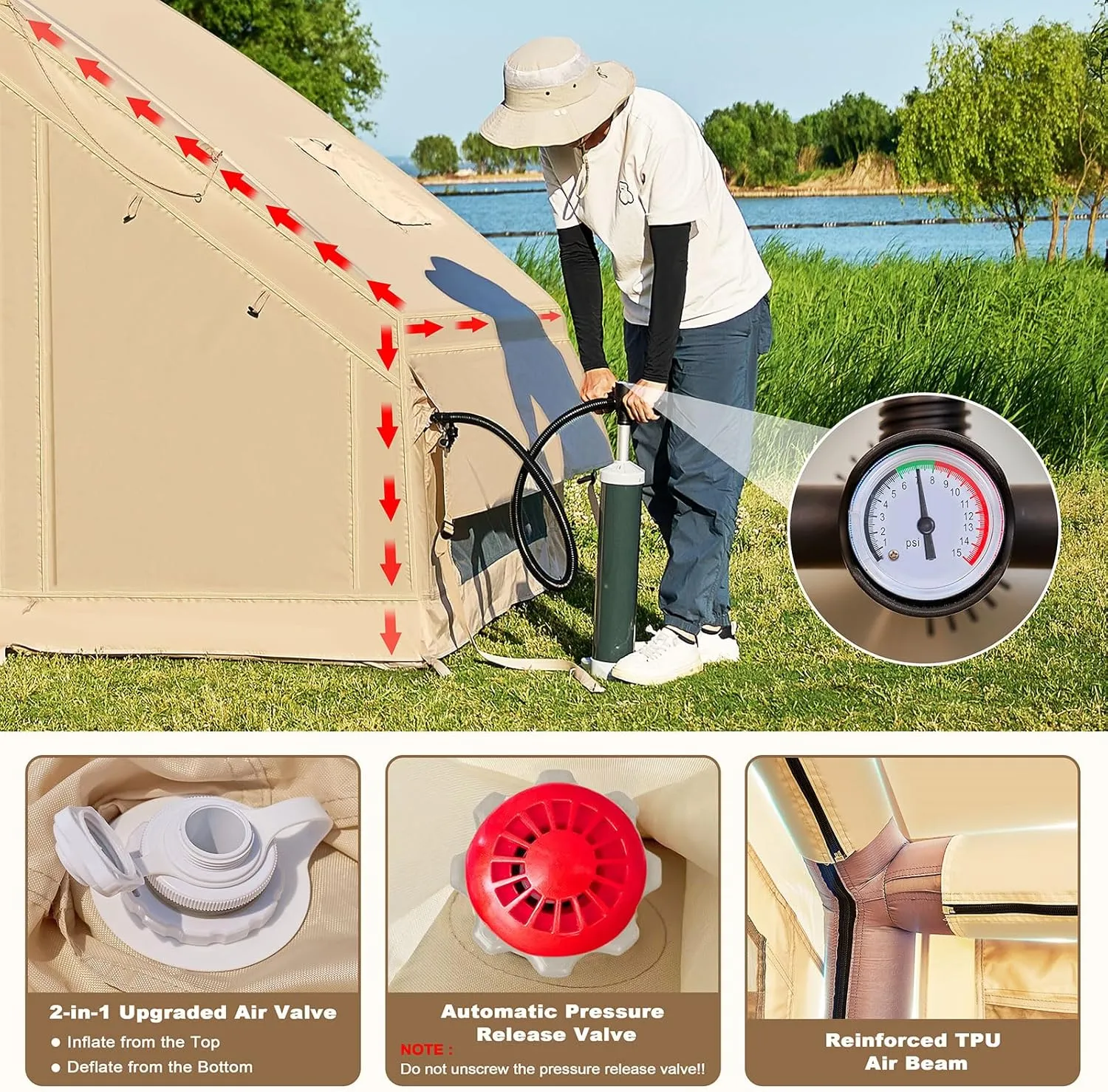 Inflatable Tents for Camping, Blow Up Tent with Hand Pump, Easy Setup Inflatable Hot Tent with Stove Jack, Waterproof Oxford Air Glamping Tents for Camping Adult 4-6 Person