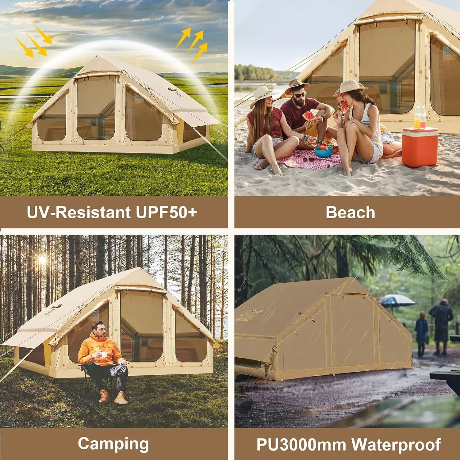 Inflatable Tents for Camping, Blow Up Tent with Hand Pump, Easy Setup Inflatable Hot Tent with Stove Jack, Waterproof Oxford Air Glamping Tents for Camping Adult 4-6 Person