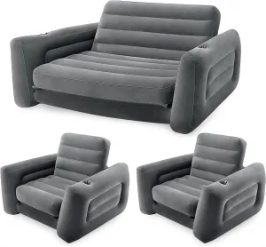 Intex Inflatable Furniture Set with Queen Sized Pull-Out Sofa Bed and 2 Sofa Sleepers, Gray - Air Mattress, Portable Couch, Lounge Chairs, Guest Beds