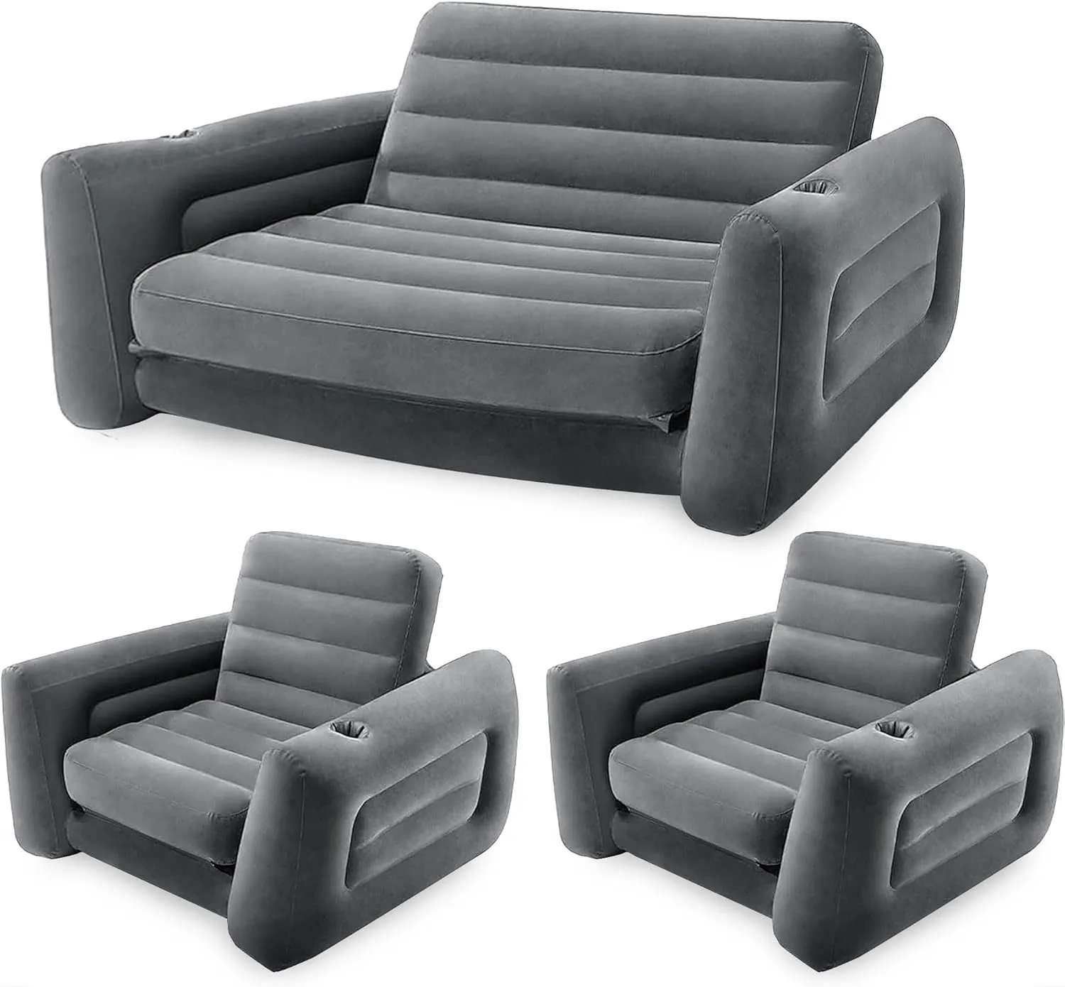 Intex Inflatable Furniture Set with Queen Sized Pull-Out Sofa Bed and 2 Sofa Sleepers, Gray - Air Mattress, Portable Couch, Lounge Chairs, Guest Beds