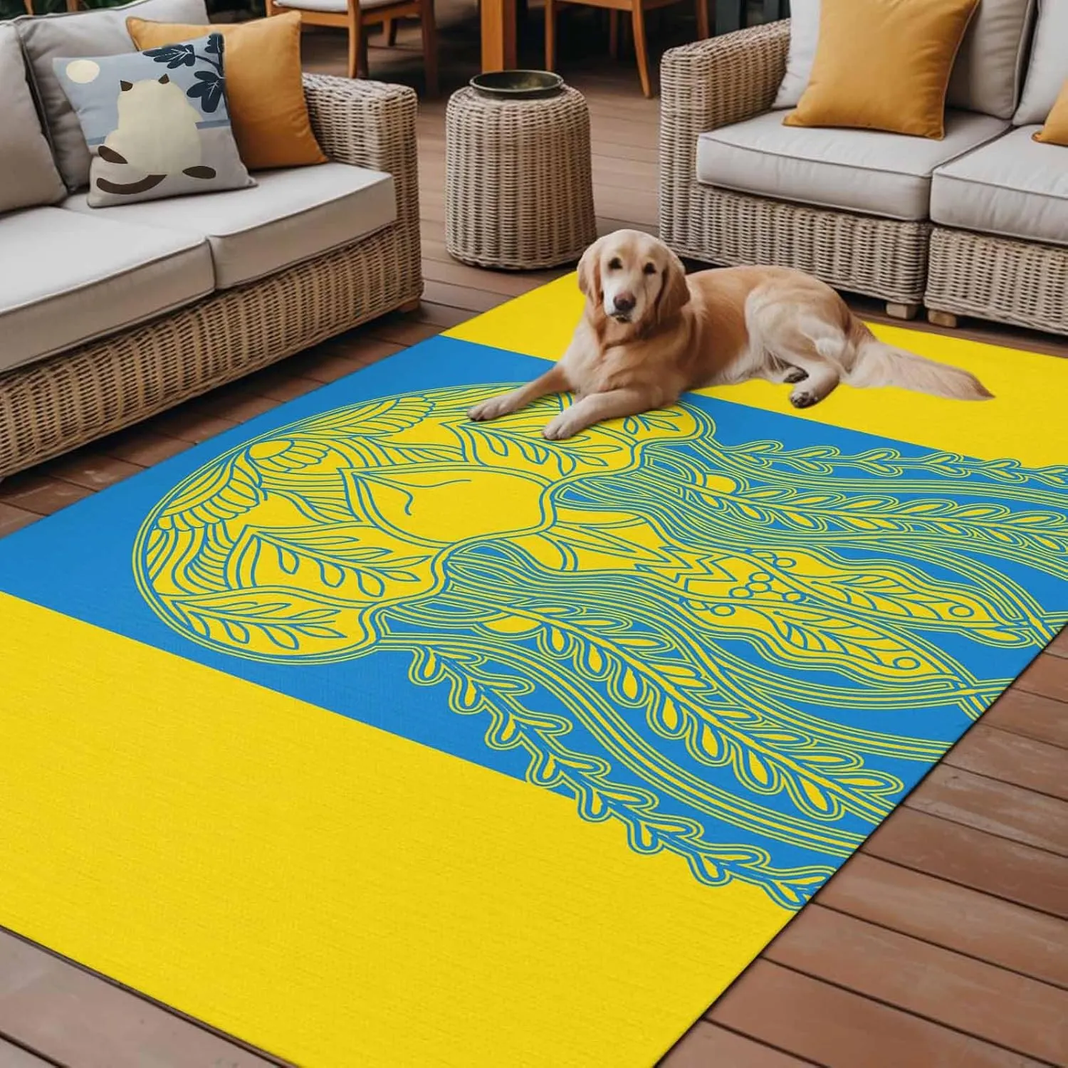 Jellyfish Blue Outdoor Rug 5x8ft Large Patio Rug,Washable RV Camping Outside Area Runner Rug Mat,Boho Tropical Yellow Stripe Summer Abstract Carpet for Picnic Backyard Deck Porch Balcony Beach Indoor