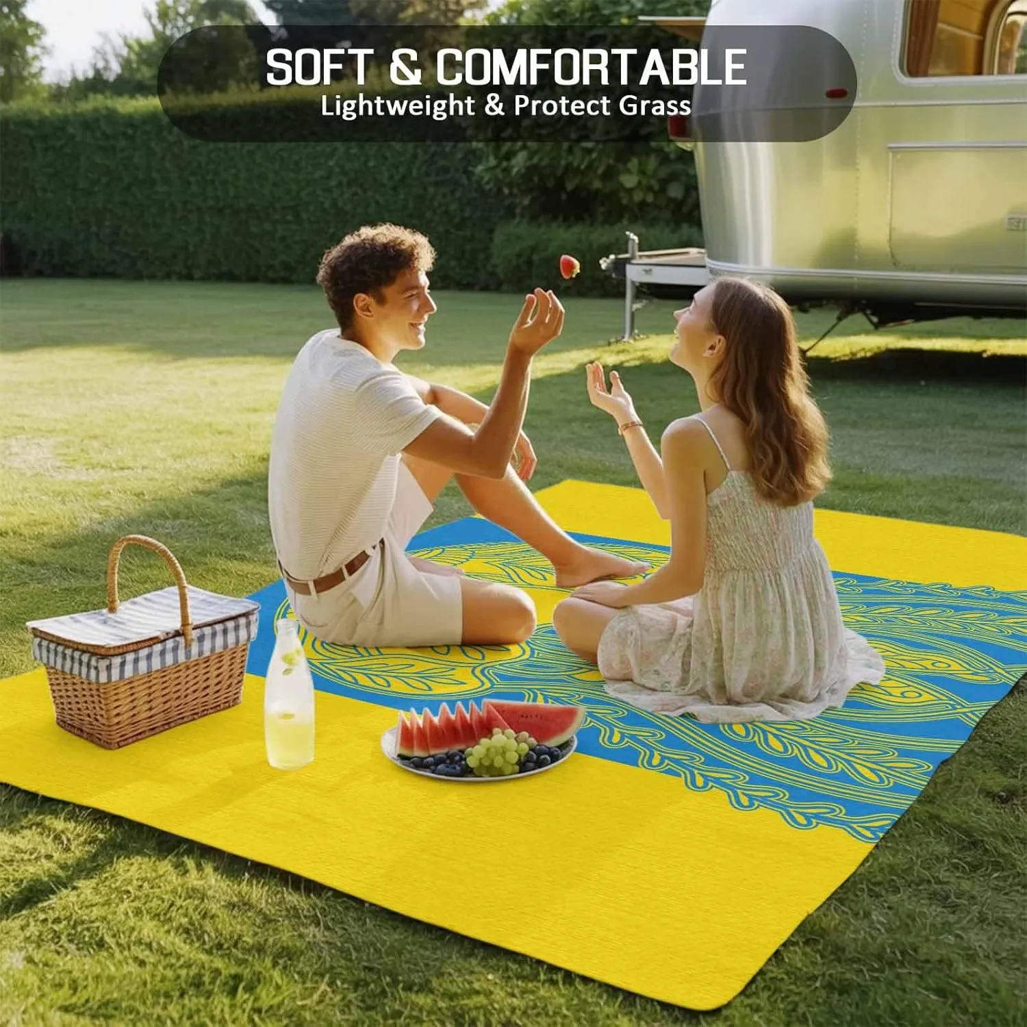Jellyfish Blue Outdoor Rug 5x8ft Large Patio Rug,Washable RV Camping Outside Area Runner Rug Mat,Boho Tropical Yellow Stripe Summer Abstract Carpet for Picnic Backyard Deck Porch Balcony Beach Indoor
