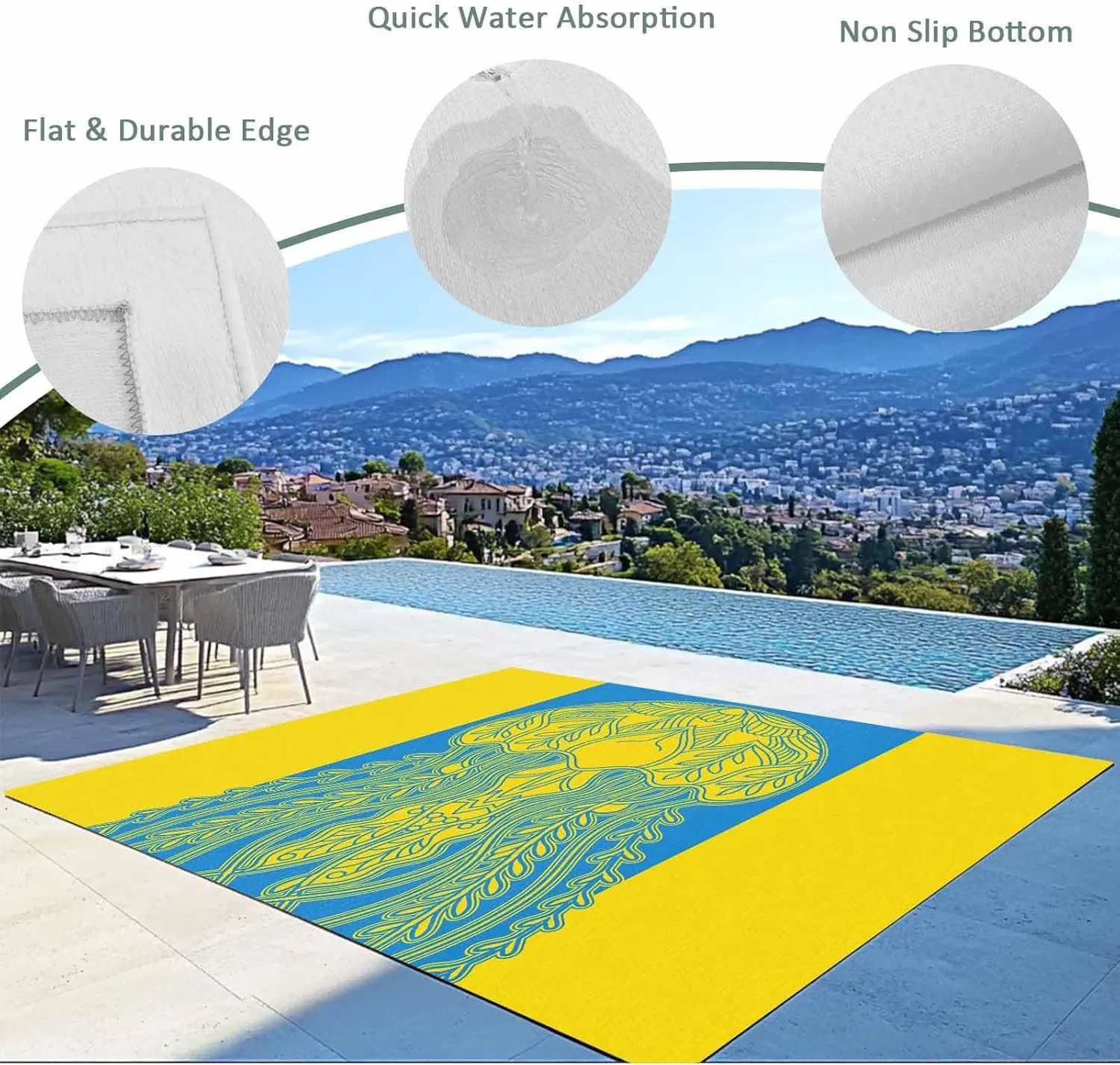 Jellyfish Blue Outdoor Rug 5x8ft Large Patio Rug,Washable RV Camping Outside Area Runner Rug Mat,Boho Tropical Yellow Stripe Summer Abstract Carpet for Picnic Backyard Deck Porch Balcony Beach Indoor