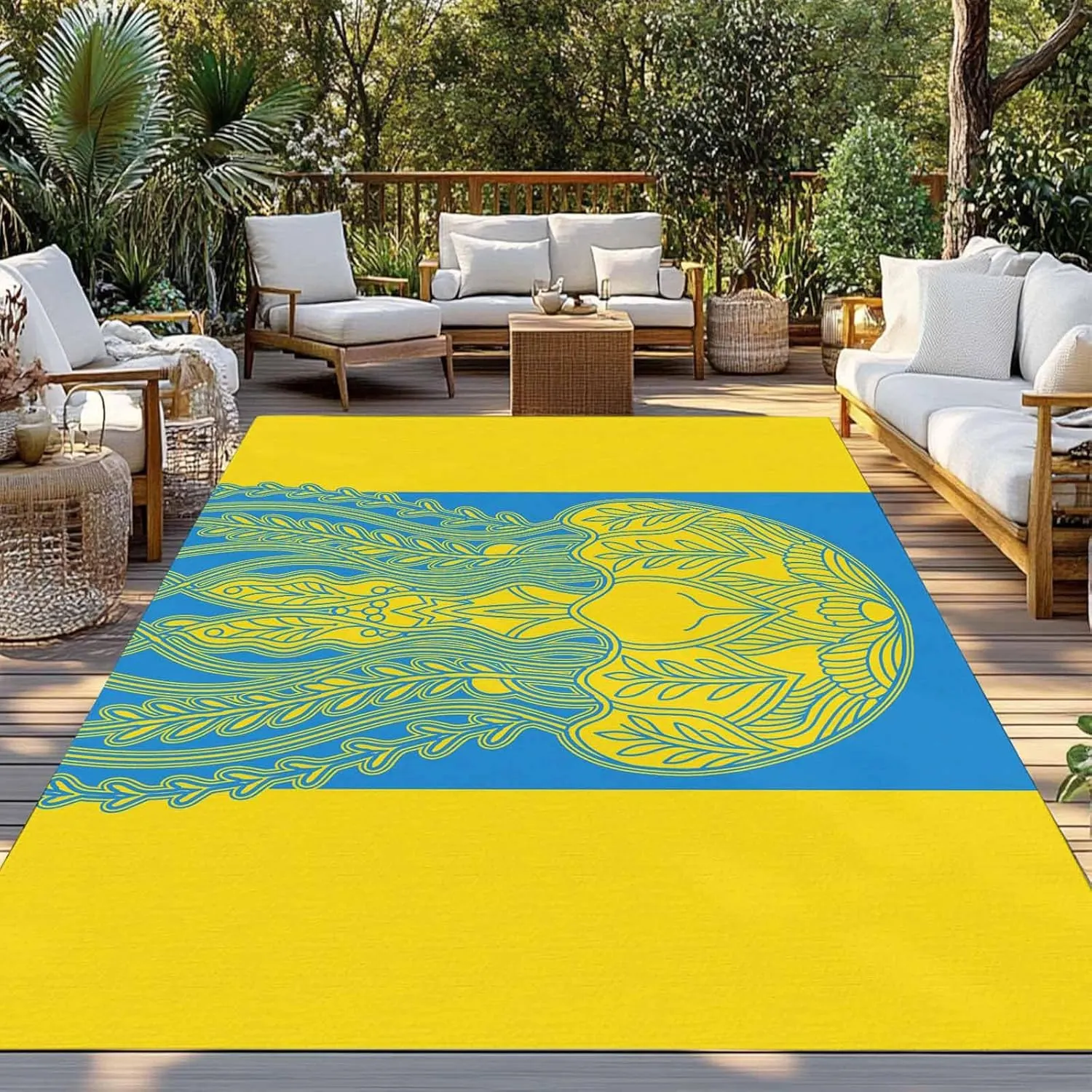 Jellyfish Blue Outdoor Rug 5x8ft Large Patio Rug,Washable RV Camping Outside Area Runner Rug Mat,Boho Tropical Yellow Stripe Summer Abstract Carpet for Picnic Backyard Deck Porch Balcony Beach Indoor