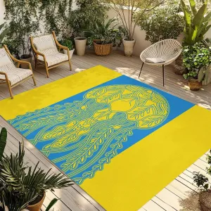 Jellyfish Blue Outdoor Rug 5x8ft Large Patio Rug,Washable RV Camping Outside Area Runner Rug Mat,Boho Tropical Yellow Stripe Summer Abstract Carpet for Picnic Backyard Deck Porch Balcony Beach Indoor