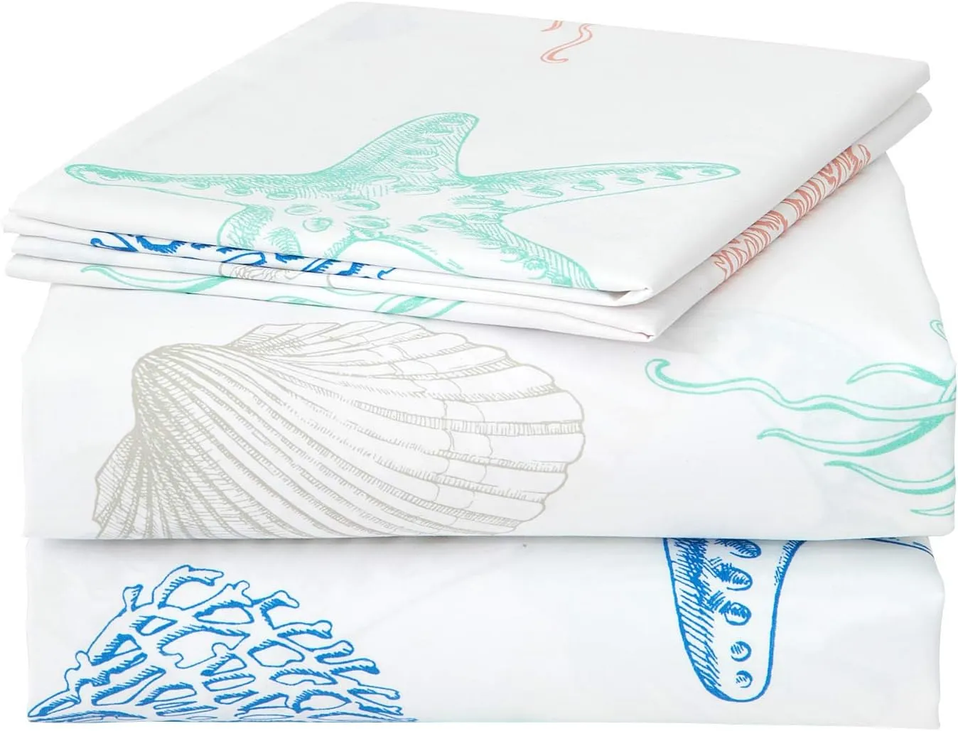 JSD Beach Theme Kids Printed Sheet Set Full, 4 Piece Starfish Jellyfish Coastal Summer Microfiber Bed Sheets Deep Pocket