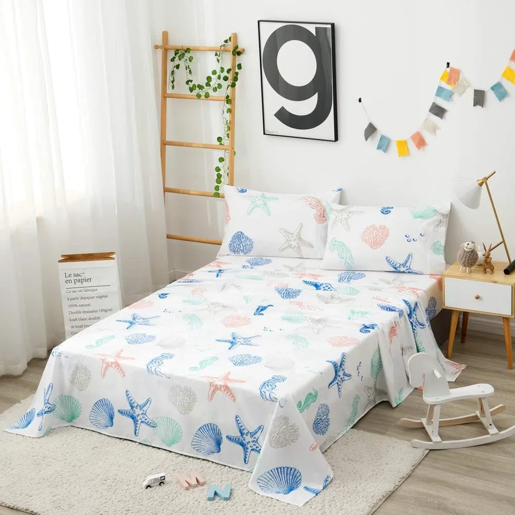 JSD Beach Theme Kids Printed Sheet Set Full, 4 Piece Starfish Jellyfish Coastal Summer Microfiber Bed Sheets Deep Pocket