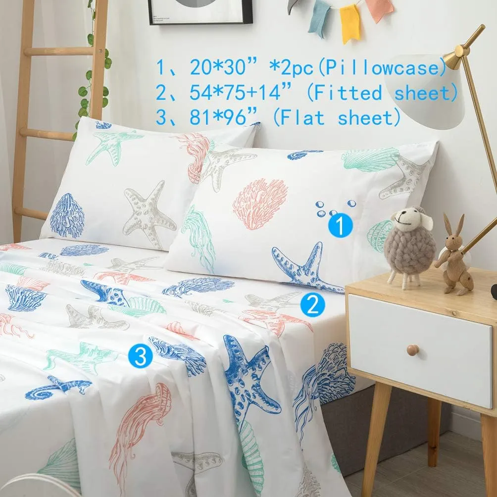 JSD Beach Theme Kids Printed Sheet Set Full, 4 Piece Starfish Jellyfish Coastal Summer Microfiber Bed Sheets Deep Pocket