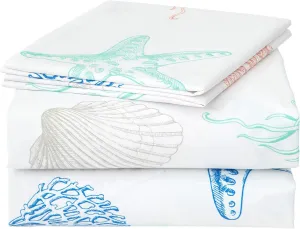JSD Beach Theme Kids Printed Sheet Set Full, 4 Piece Starfish Jellyfish Coastal Summer Microfiber Bed Sheets Deep Pocket