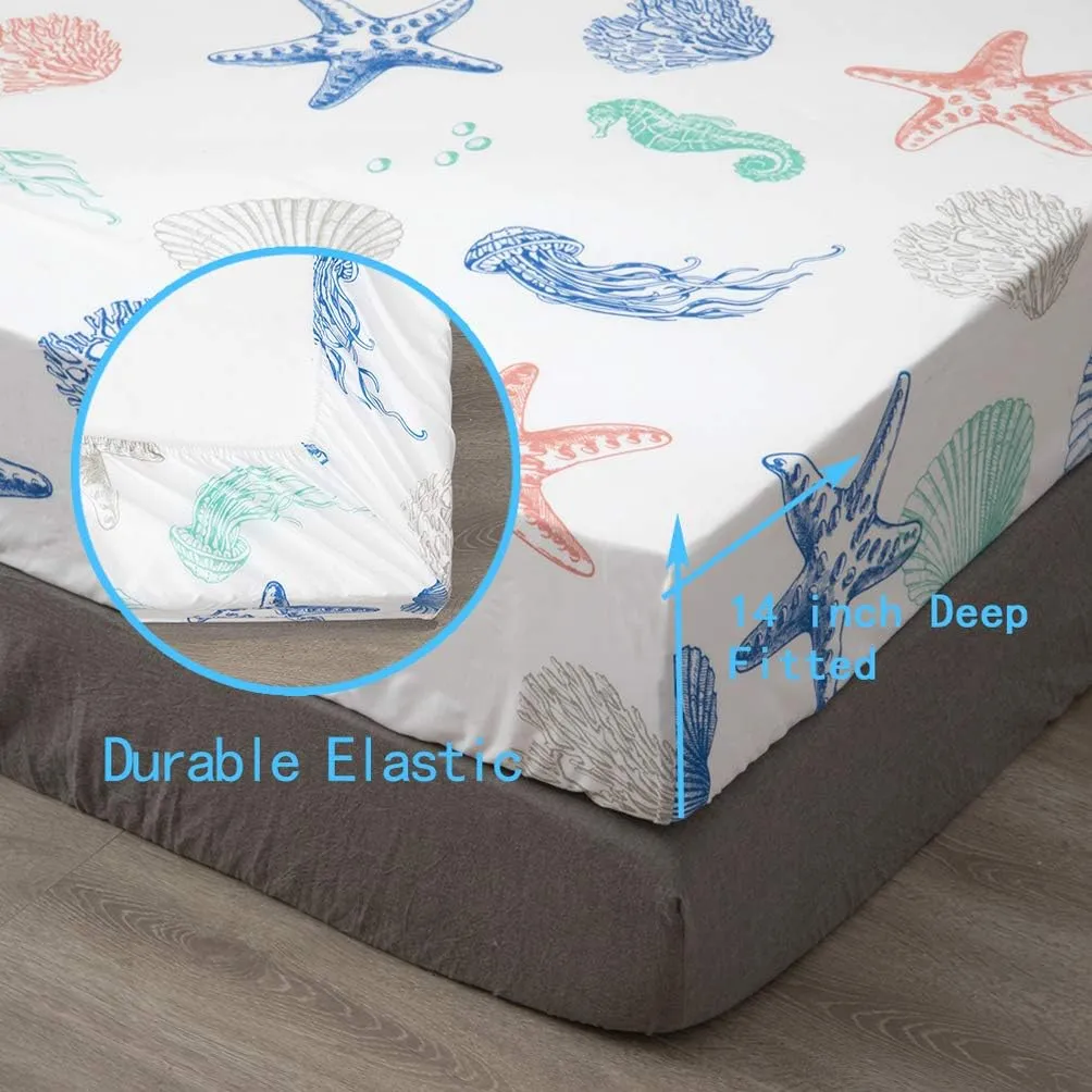 JSD Beach Theme Kids Printed Sheet Set Full, 4 Piece Starfish Jellyfish Coastal Summer Microfiber Bed Sheets Deep Pocket