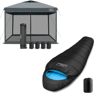 KAMPKEEPER 10x10 Pop Up Canopy with Mosquito Netting, Screen Tent with Mesh Sides(Dark Grey) Mummy Sleeping Bag for Adults,3-4 Seasons Cold Weather(Black & Blue)