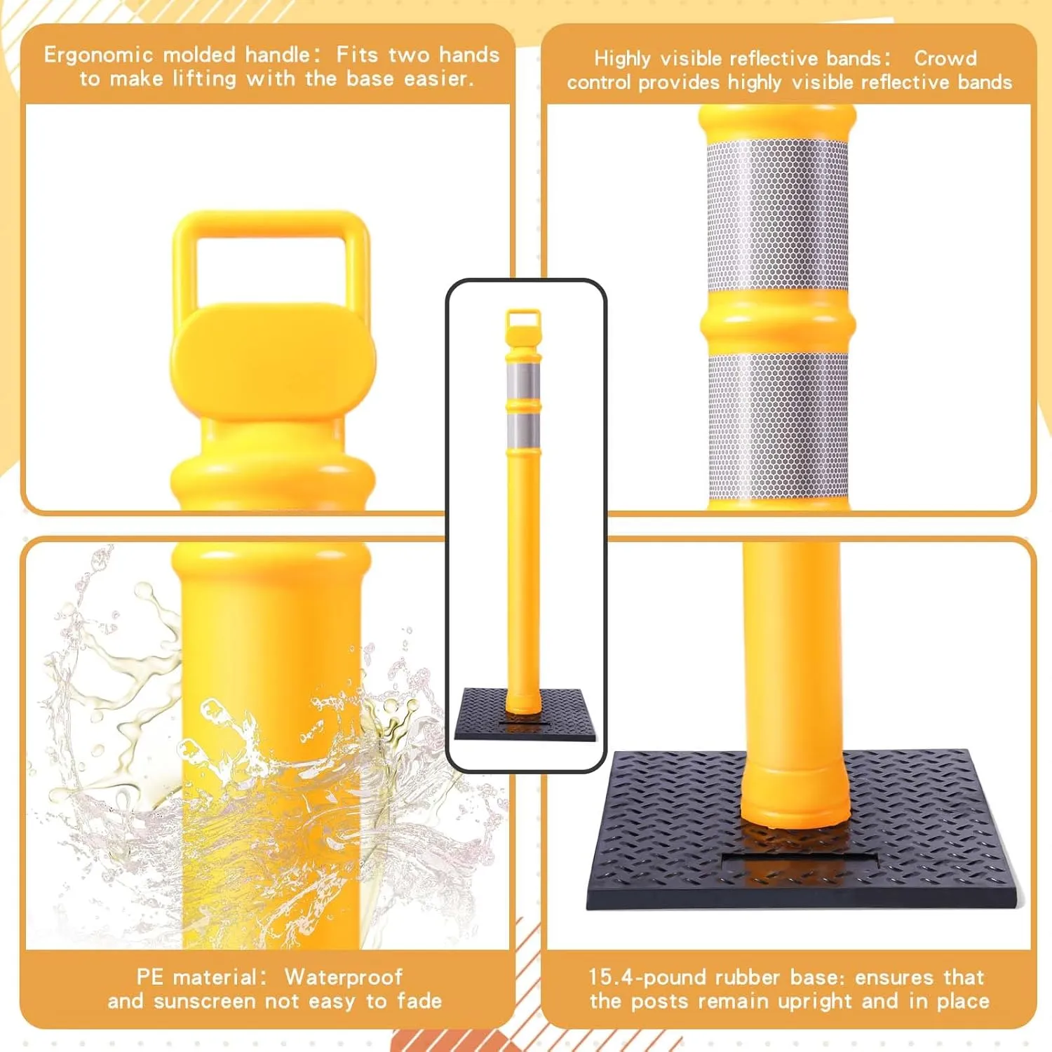 Kanayu 49 Inch Traffic Delineator Posts with 15lbs Rubber Base PE Delineator Post Portable Parking Pole Traffic Cone Barrier with Removable Base, Reflective Band(4 Packs,Yellow)