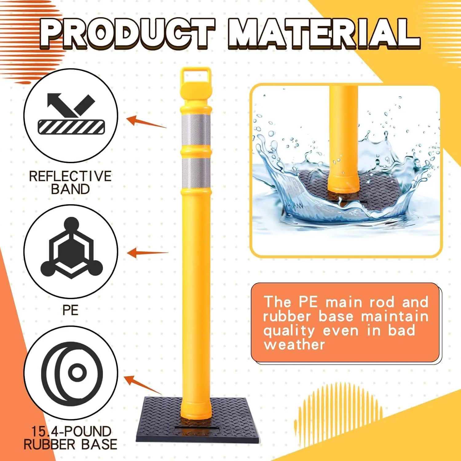 Kanayu 49 Inch Traffic Delineator Posts with 15lbs Rubber Base PE Delineator Post Portable Parking Pole Traffic Cone Barrier with Removable Base, Reflective Band(4 Packs,Yellow)