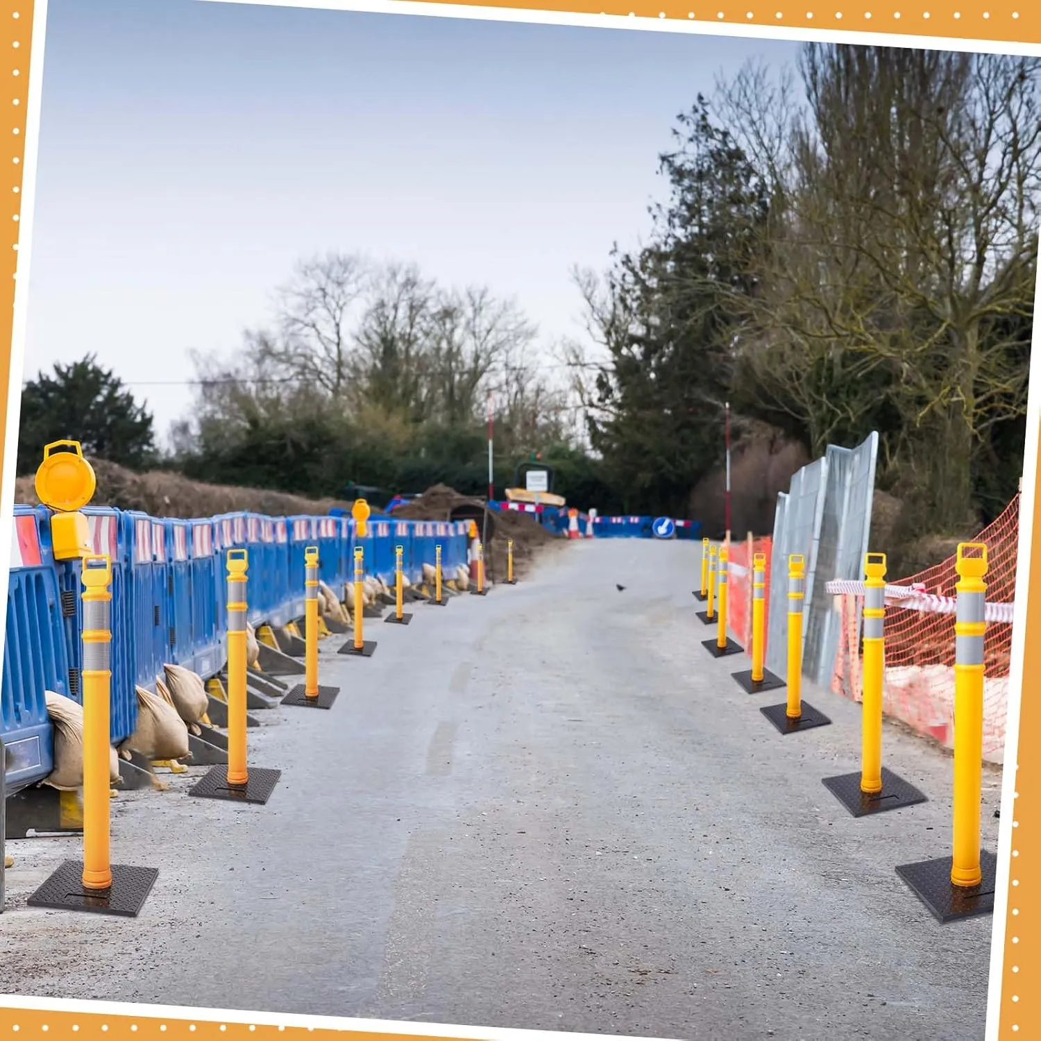 Kanayu 49 Inch Traffic Delineator Posts with 15lbs Rubber Base PE Delineator Post Portable Parking Pole Traffic Cone Barrier with Removable Base, Reflective Band(4 Packs,Yellow)
